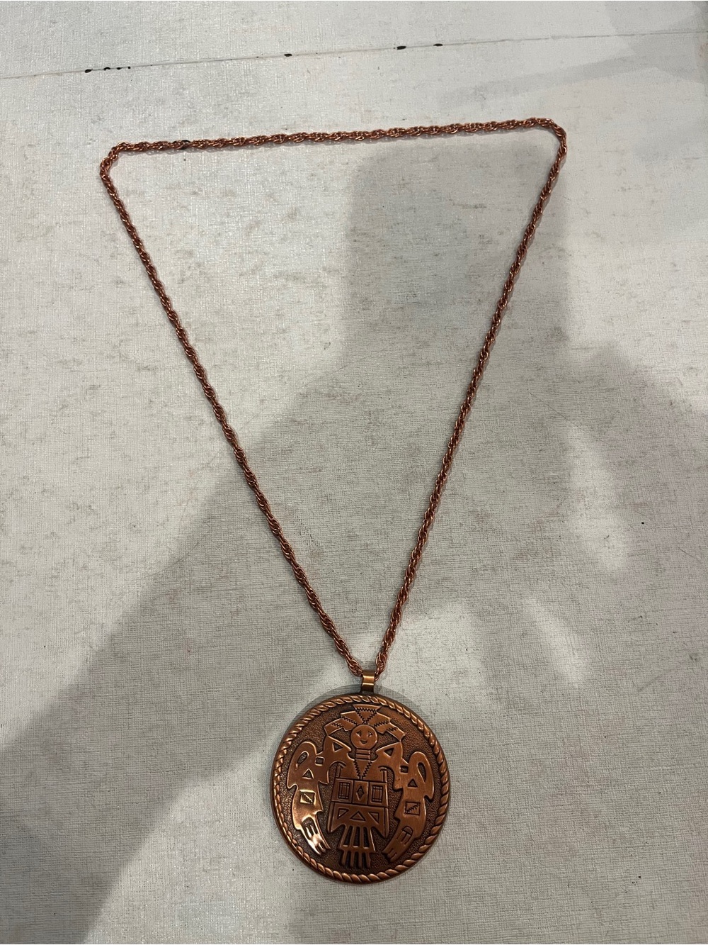 Vintage solid copper Bell Trading Post embossed Tribal Medallion Necklace.